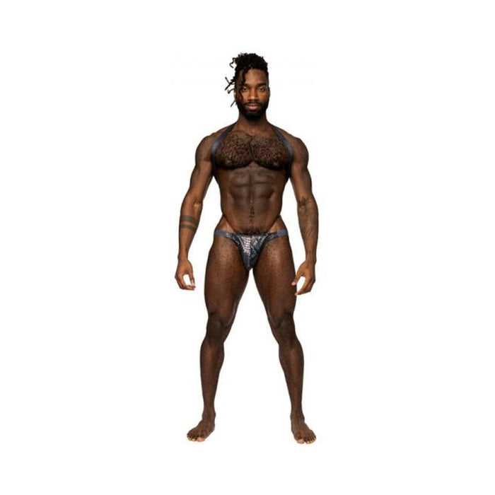 Male Power S'naked Shoulder Sling Harness Thong One-piece Black/blue L/xl