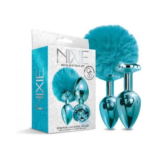 Nixie Metal Butt Plug Set Pom Pom And Jewel-inlaid Metallic Blue | SexToy.com