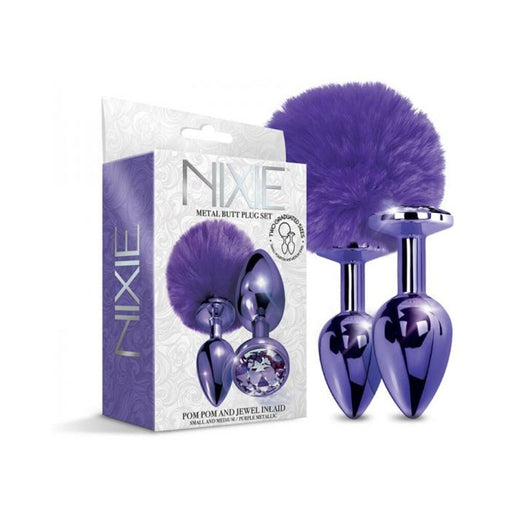 Nixie Metal Butt Plug Set Pom Pom And Jewel-inlaid Metallic Purple | SexToy.com