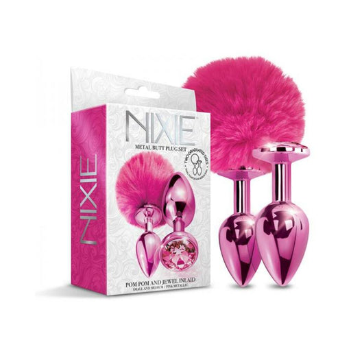 Nixie Metal Butt Plug Set Pom Pom And Jewel-inlaid Metallic Pink | SexToy.com