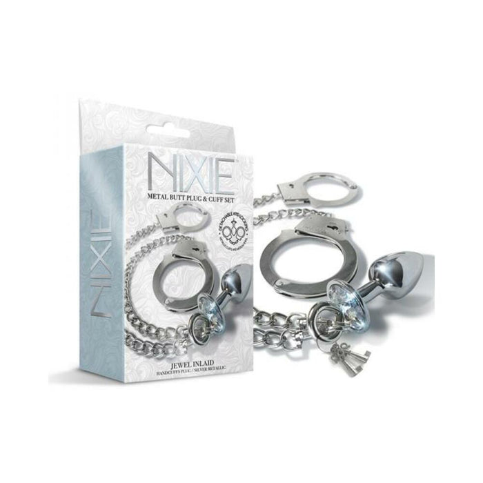 Nixie Metal Butt Plug & Handcuffs Set Silver | SexToy.com