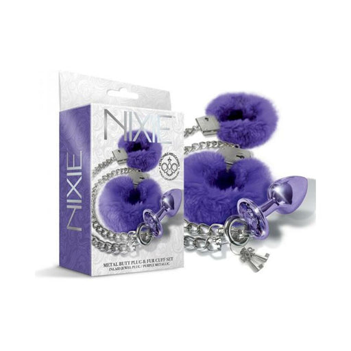 Nixie Metal Butt Plug & Furry Handcuff Set Medium Purple Metallic | SexToy.com