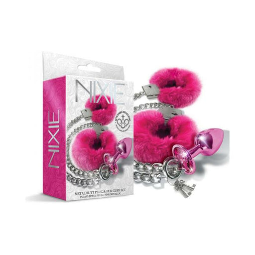 Nixie Metal Butt Plug & Furry Handcuff Set Medium Pink Metallic | SexToy.com
