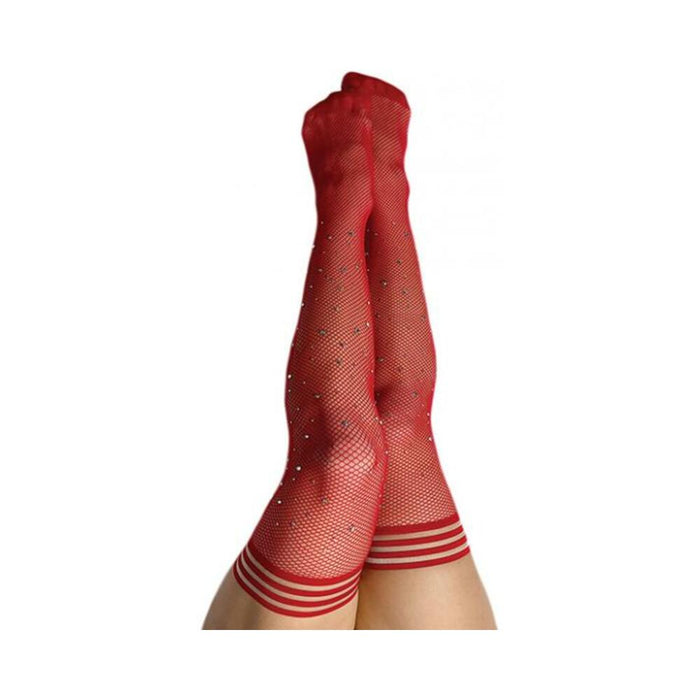 Kixies Red Fishnet Rhinestone Thigh High Size D