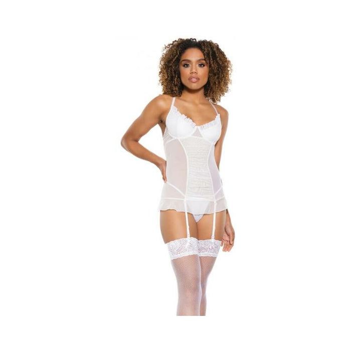 Coquette Mesh Gathered-front Chemise With Ruffle Detail White S