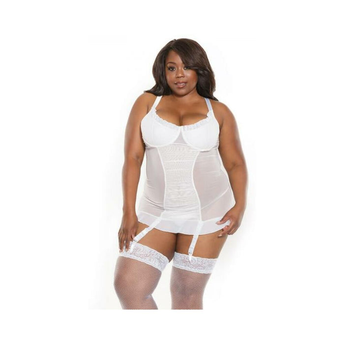 Coquette Mesh Gathered-front Chemise With Ruffle Detail White 1xl/2xl