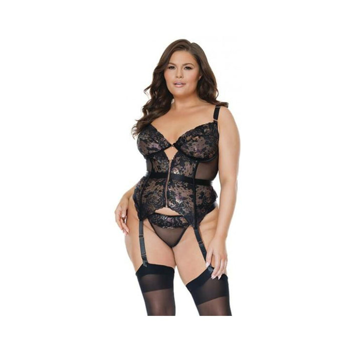 Metallic Stretch Lace Garter Belt Bustier W/lace Up Closure & Thong Black/rose Gold 3x/4x