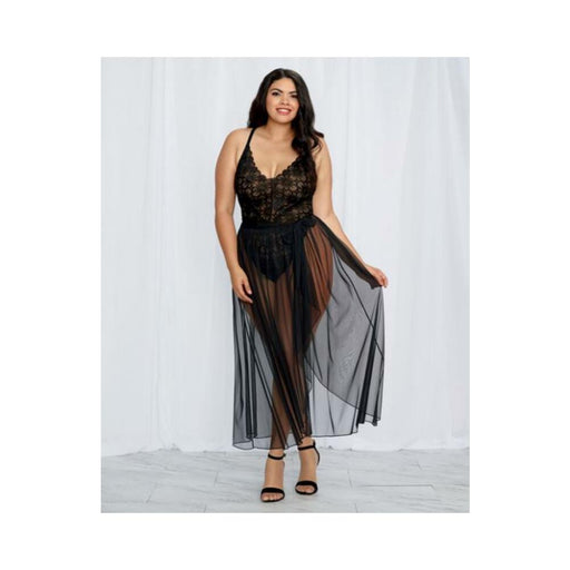 Dreamgirl Plus-size Stretch Lace Teddy & Sheer Mesh Maxi Skirt With Adjustable Straps & G-string Bla | SexToy.com