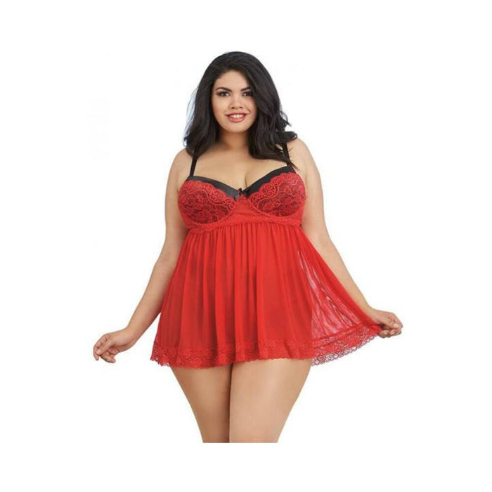 Dreamgirl Plus-size Stretch Mesh And Lace Babydoll With Underwire Push-up Cups, G-string, And Lace O | SexToy.com