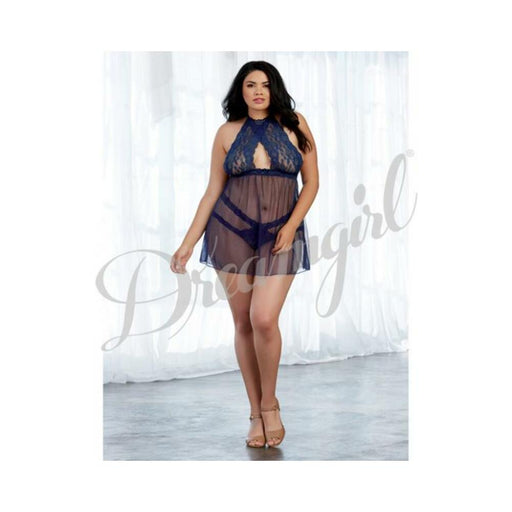 Dreamgirl Stretch Lace & Mesh Babydoll With High-neck Halter Styling Midnight Queen | SexToy.com
