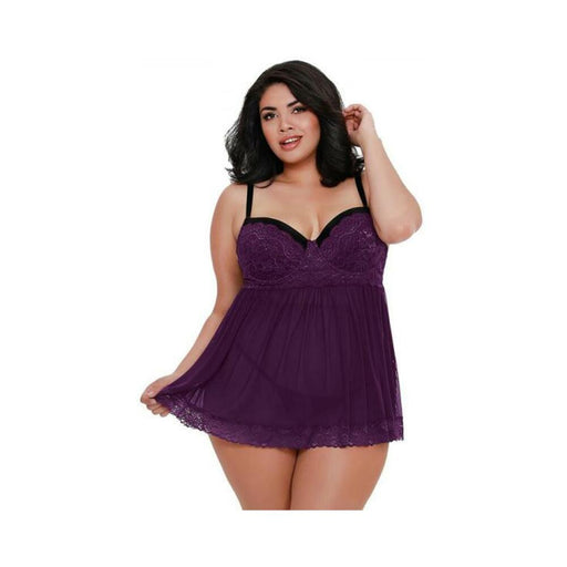 Dreamgirl Plus-size Stretch Mesh And Lace Babydoll With Underwire Push-up Cups, G-string, And Lace O | SexToy.com
