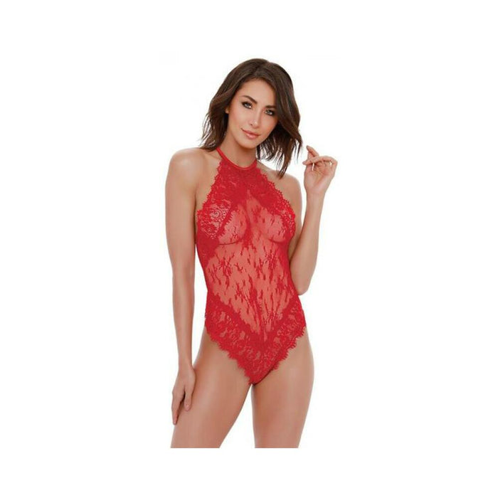 Dreamgirl Eyelash Lace Halter Teddy With High Tie-neck Closure & Snap Crotch Red Medium Hanging | SexToy.com