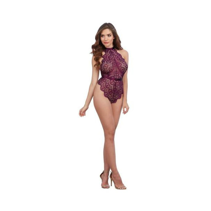 Dreamgirl Eyelash Lace Teddy With Halter Neckline And Low, Open Back With Adjustable Tie-back Ribbon | SexToy.com