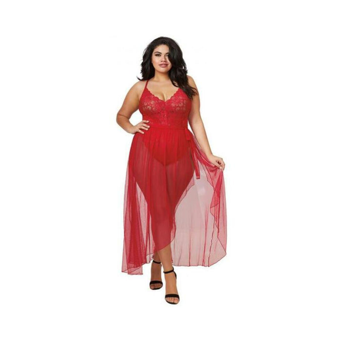 Dreamgirl Plus-size Stretch Lace Teddy & Sheer Mesh Maxi Skirt With Adjustable Straps & G-string Rou | SexToy.com