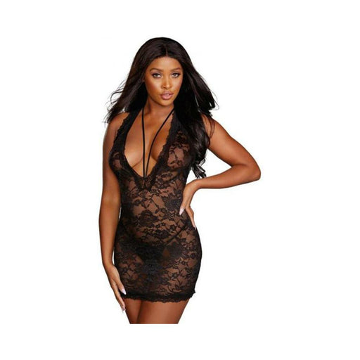 Dreamgirl Stretch Lace Chemise With Scalloped Edge Lace & Plunging Strappy Neckline Black Large Hang | SexToy.com