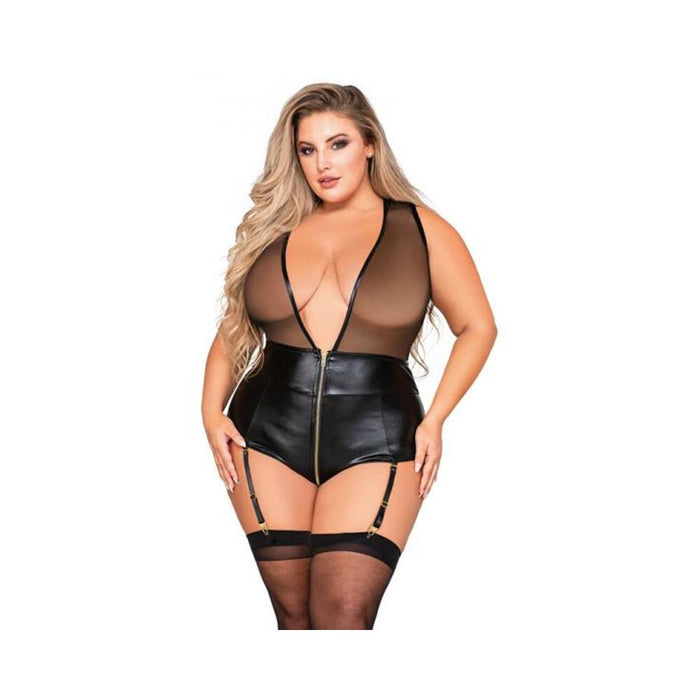 Dreamgirl Wetlook & Mesh Deep-v Zip-front Gartered Teddy Black 2xl
