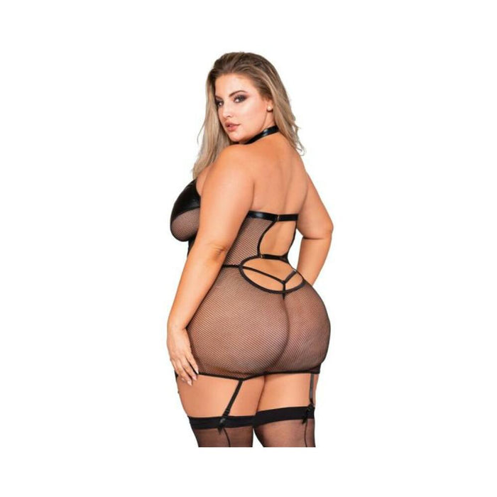 Dreamgirl Stretch Faux-leather And Fishnet Garter Slip Queen | SexToy.com