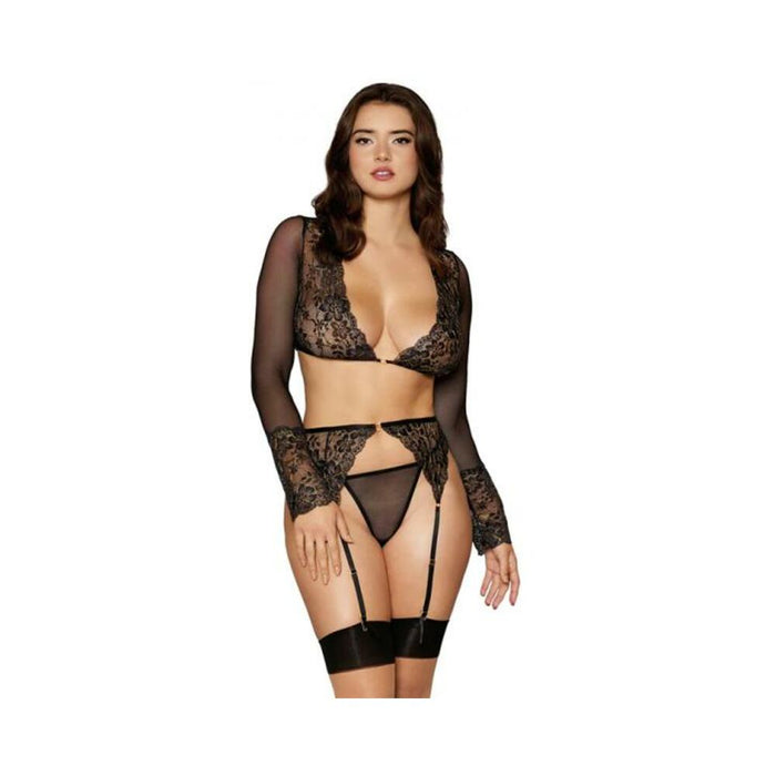 Dreamgirl Bralette, Garter Belt, G-string Set Black S Hanging