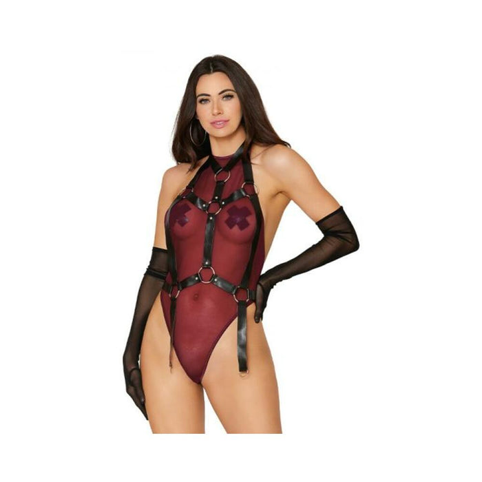 Dreamgirl High-neck Mesh Teddy & Garter Body Harness Burgundy Black Xl