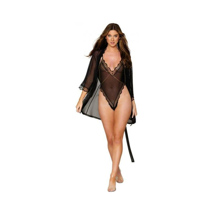 Dreamgirl Mesh Robe & Strappy Back Teddy With Lace Trim Black M Hanging