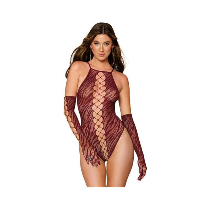 Dreamgirl Animal Print Fishnet High-neck Teddy & Gloves Set Burgundy O/s