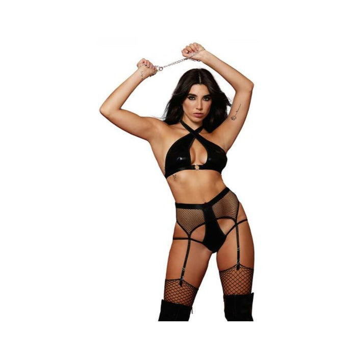 Dreamgirl Wetlook Halter Bralette, Fishnet And Wetlook Gartered Open-butt Panty & Chain Wrist Restra