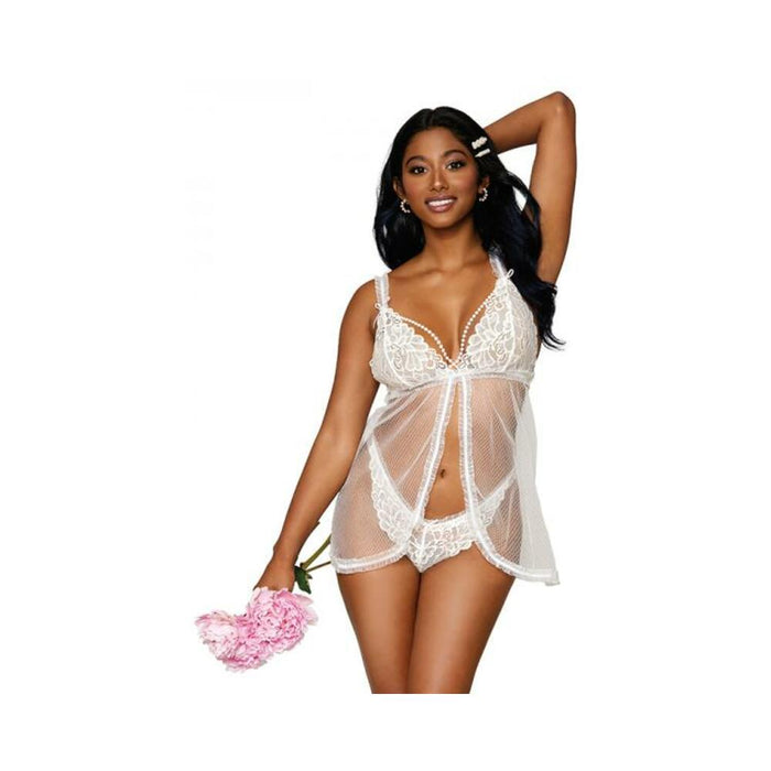 Dreamgirl Lace Mesh Babydoll With Pearl Accents & Lace Pearl G-string White O/s