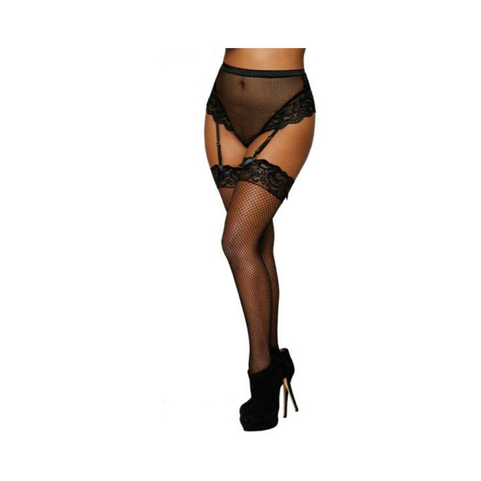Dreamgirl High-waist Fishnet And Lace Gartered Thong With Keyhole Ribbon-tie Back Black S