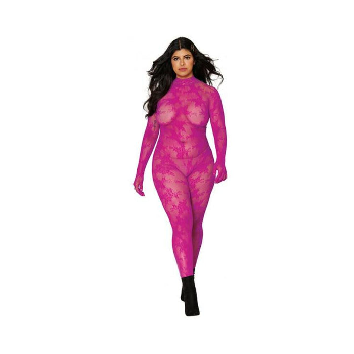 Dreamgirl Gloved Lace Bodystocking With Keyhole Back Azalea Queen Size