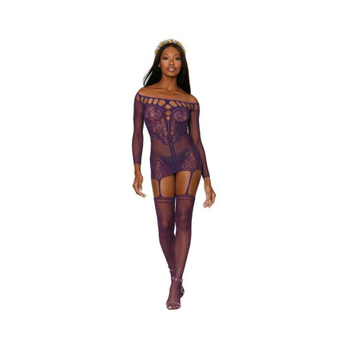 Dreamgirl Fishnet Lace Garter Dress With Attached Stockings Aubergine O/s