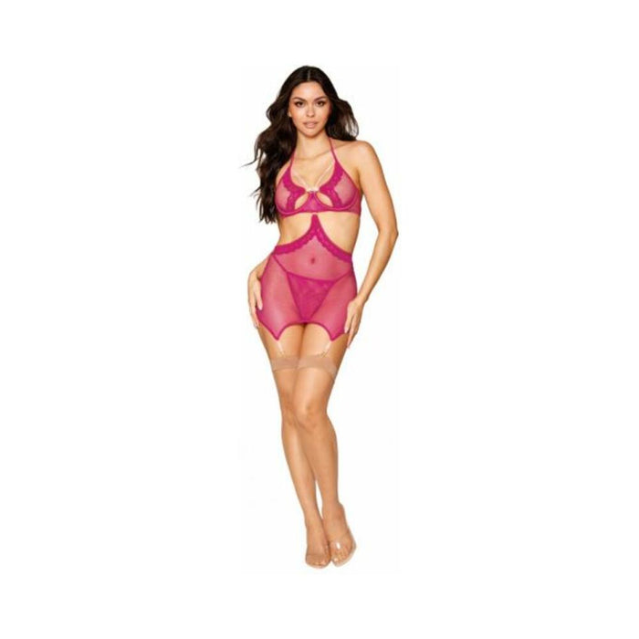 Fishnet & Lace Garter Slip Set Beet O/s