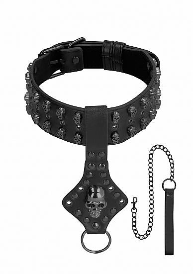 Ouch! Skulls & Bones Neck Chain With Skulls And Leash Black | SexToy.com