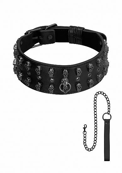 Ouch! Skulls And Bones Neck Chain With Skulls And Leash Black | SexToy.com