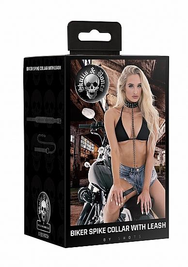 Ouch! Skulls & Bones Biker Spike Collar with Leash Black | SexToy.com