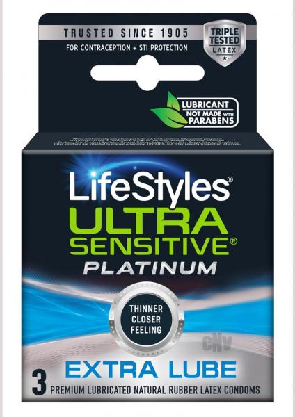 Lifestyles Ultra Sensitive Platinum Extra Lube 3pk | SexToy.com