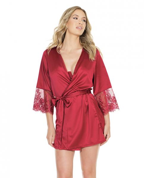 Stretch Satin Robe Lace Details Sleeves Red O/S