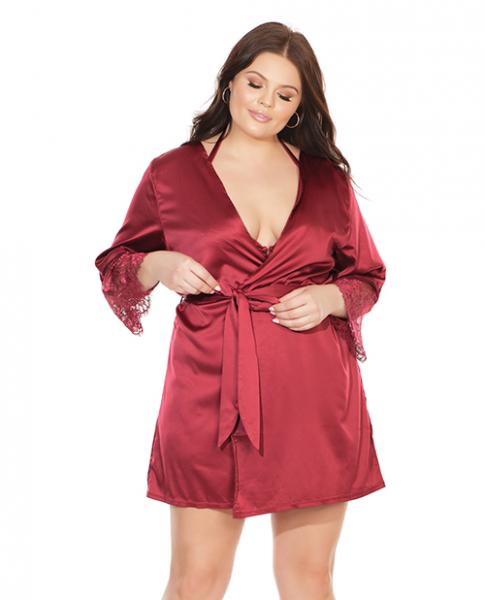 Satin Robe Lace Details Sleeves Red OS/XL