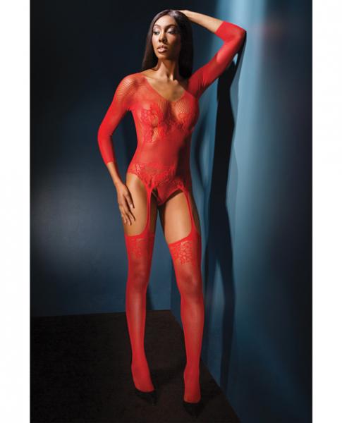 Sleek Stretch Net Long Sleeve Teddy, Stockings Red O/S