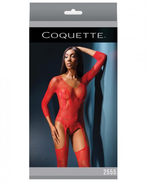 Sleek Stretch Net Long Sleeve Teddy, Stockings Red O/S