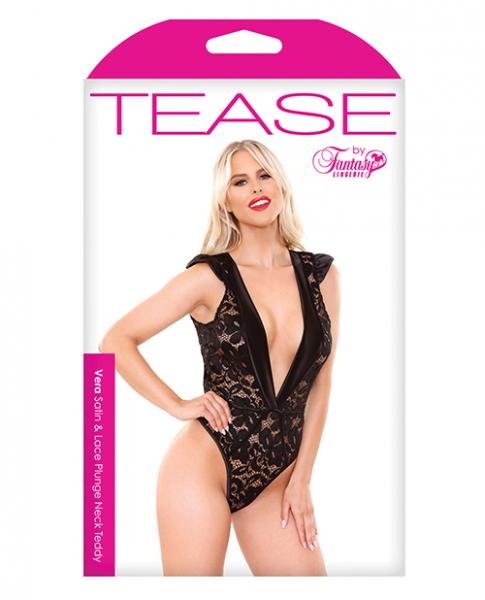 Tease Vera Satin & Lace Plunge Neck Teddy Black S/M | SexToy.com