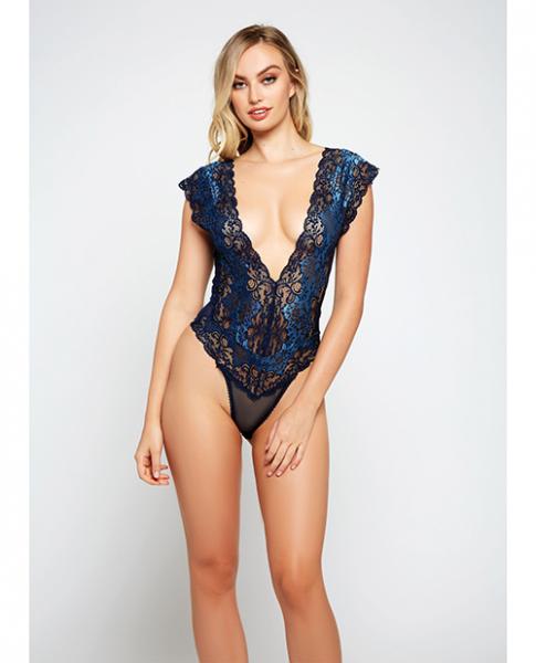 Lace & Mesh Deep V Teddy Blue Xl
