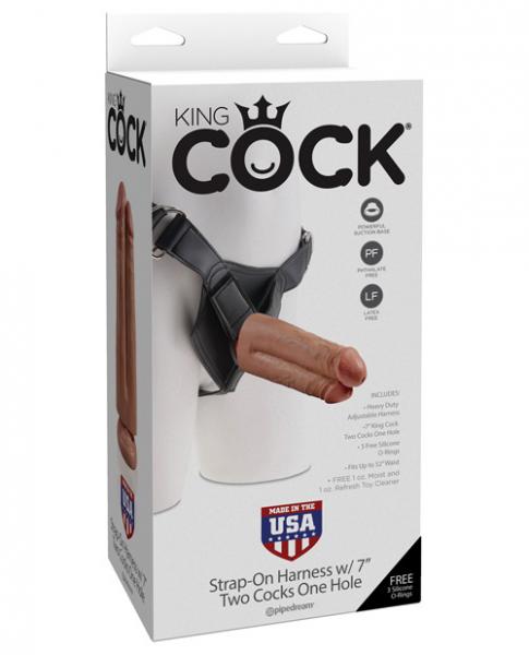 King Cock Strap On Harness with 7 inches Two Cocks One Hole Tan | SexToy.com