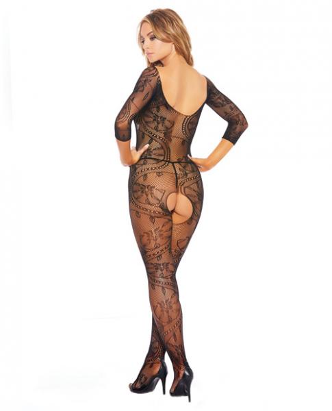 Fishnet & Patterned Open Crotch Bodystocking Black O/S