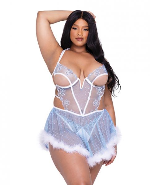Holiday Snow Queen Metallic Snowflake Embroidered Babydoll W/marabou Hem & Thong Blue/white 2x