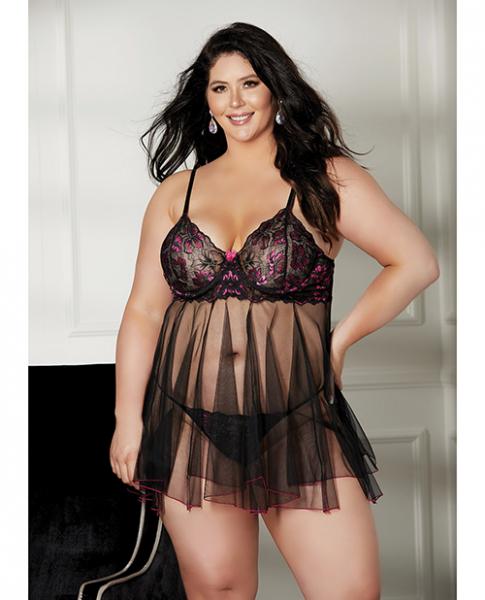 Floral & Sheer Pleated Babydoll Black/rose 2x