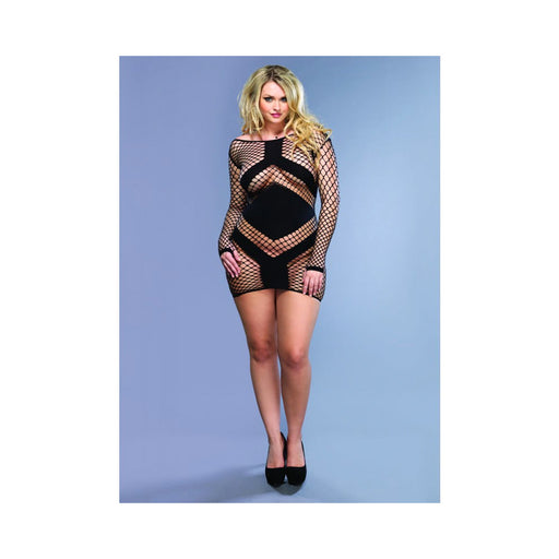 Diamond Net Long Sleeve Mini Dress Opaque Panels Plus Size Black | SexToy.com