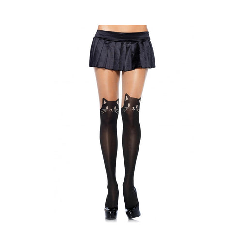 Black Cat Spandex Opaque Pantyhose W/sheer Thigh Accent O/s Black/nude | SexToy.com