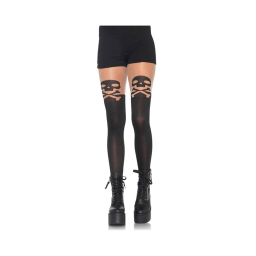 Skull, Crossbone Opaque Pantyhose Thigh Accent O/S Black | SexToy.com