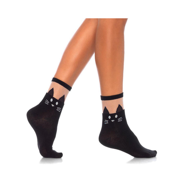 Black Cat Opaque Anklet Socks Sheer Tops O/S Black | SexToy.com