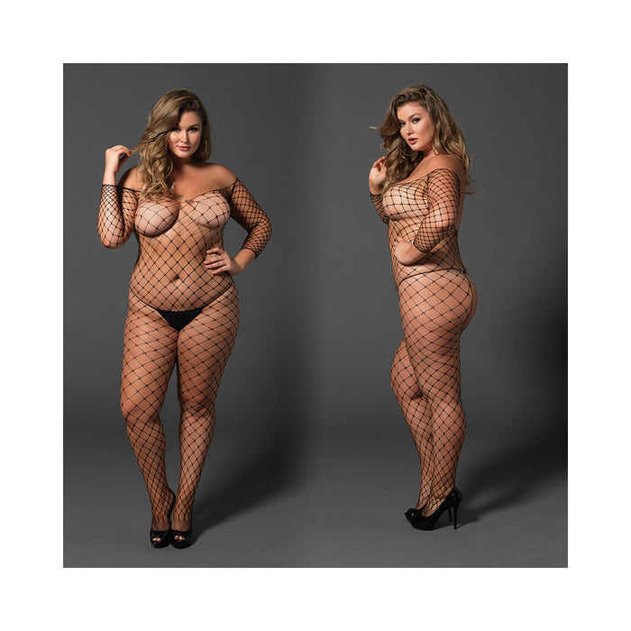 Fence Net Off The Shoulder Bodystocking. Long Sleeved Plus Size Black | SexToy.com